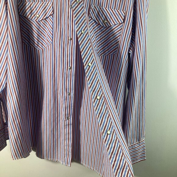 Mens Wrangler Western Pearl Snap Striped Shirt Red White Blue 2XL Cotton Polyest - Picture 3 of 11